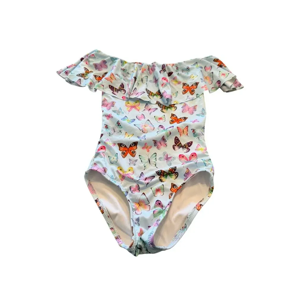Stella Cove Girls Ice Blue Butterflies Print Off Shoulder Swimsuit Size 2 Year